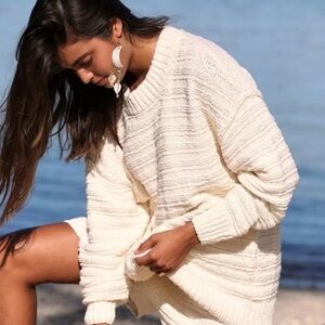 Free People FP Beach Cream Cotton Chunky Textured Pullover Size Medium Sweater